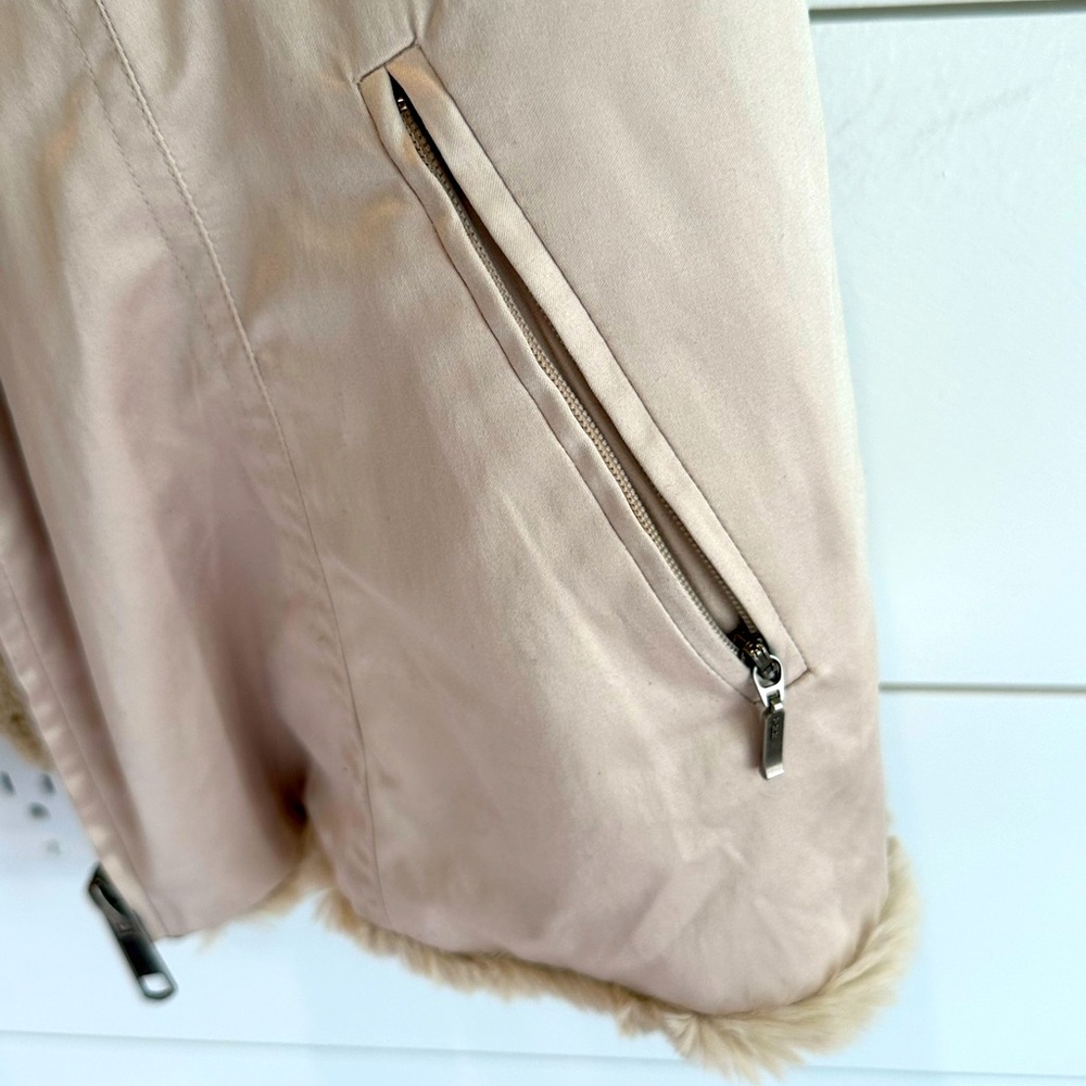 CAbi Reversible Faux Fur & Satin Hooded Vest Beige - Picture 5 of 6